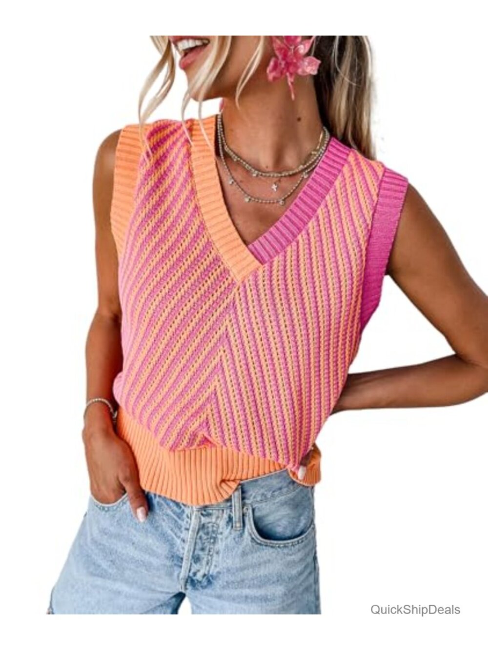 Sleeveless Sweater Vest V Neck Knitted Pullover Top
